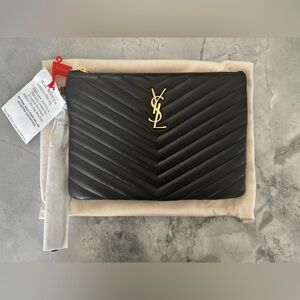 NWT Yves Saint Laurent Black Monogram Matelasse Leather Clutch